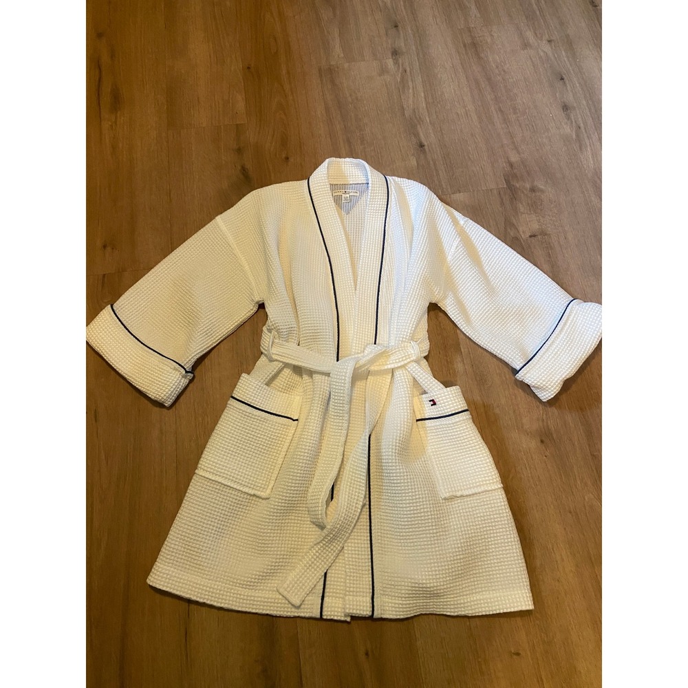 Tommy Hilfiger Waffle Knit Robe Women's L/XL White Cotton Spa Tie Navy Piping